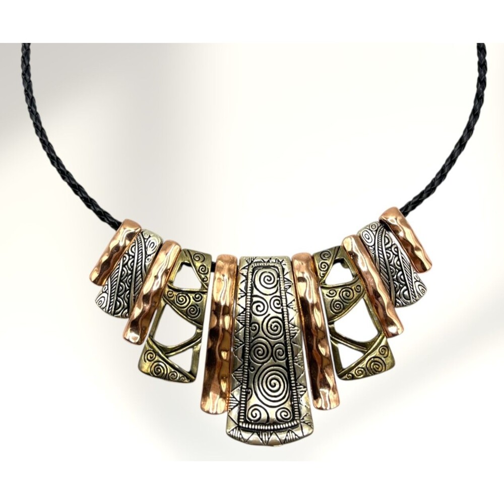 Mixed Metal Statement Necklace Braided Cord Hammered Textured Pendants Fringe